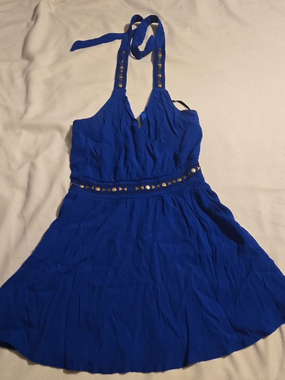 bebe Royal Blue Mini Dress with Gold Stud Details